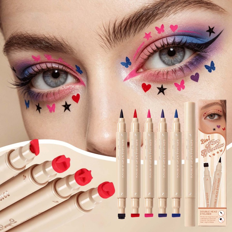 Waterproof Liquid Eyeliner Pen - ダブルエンドスタンプアイライナー カラフルな星・ハート・蝶 アイライナーリキッドペン 防水 速乾性 長持ち