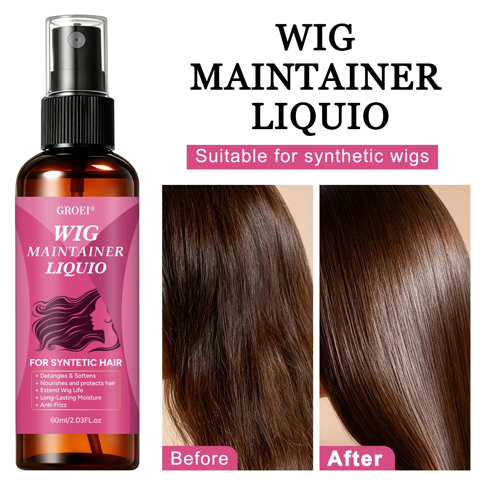 Hair Care - GROEI アンチフリズ ウィッグ メンテナースプレー 60ml、合成毛ウィッグ用の絡まり解消・保湿・光沢ケア液