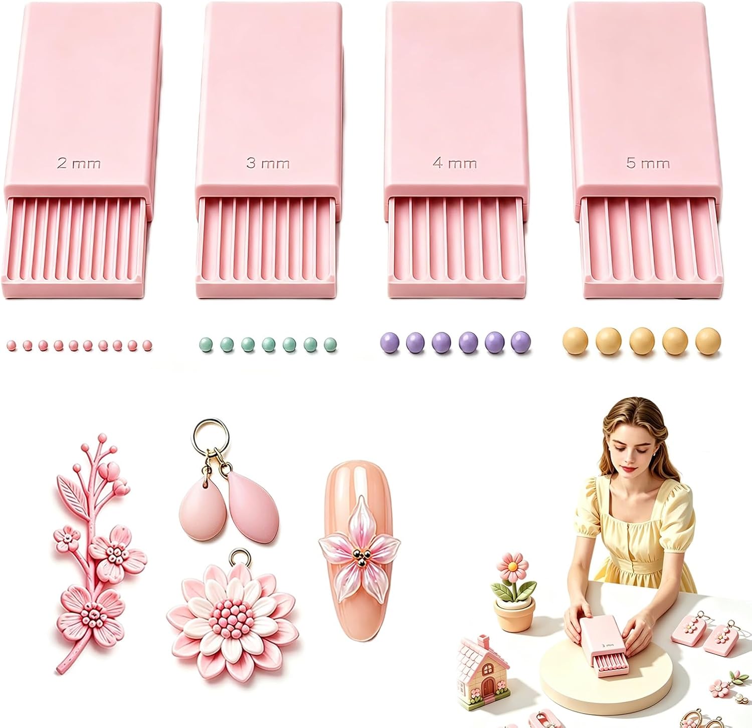 Nail Art - 3Dプリントクレイジェルボールメーカーツール、3Dジェルフラワー用ネイルアートビーズローラー | ポリマークレイローラー 2mm 3mm 4mm